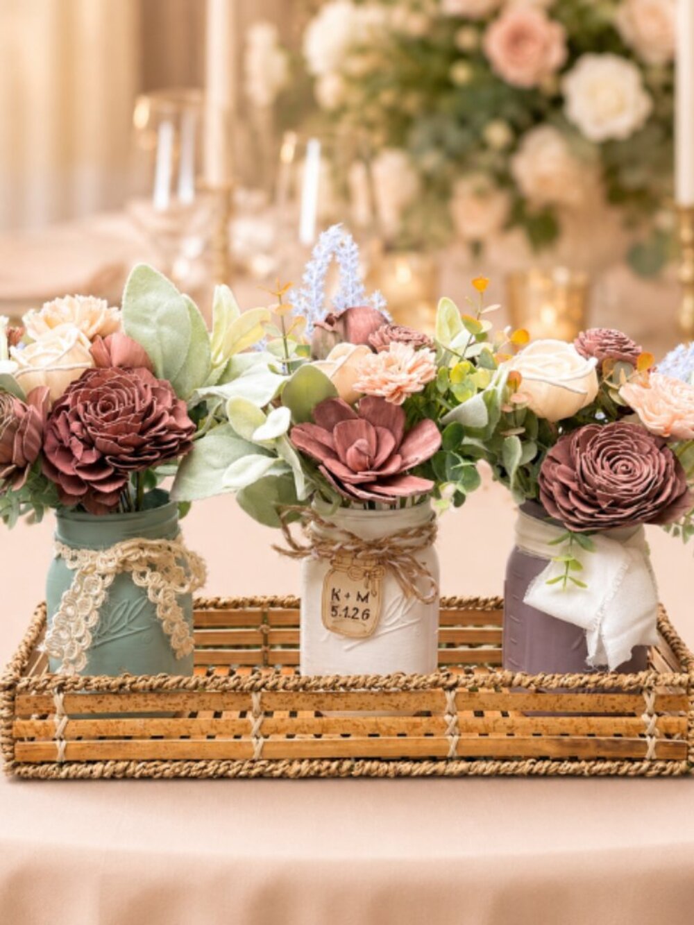Sola Wood Brown Red Wedding Floral Table Centerpieces Set of 3 Mason Jar Decor